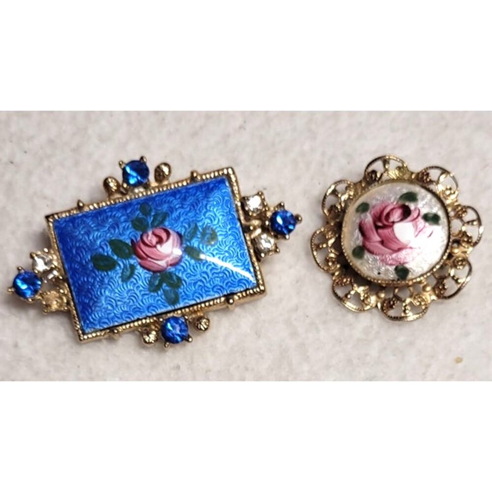 Vintage Brooch Lot 2pc Blue Guilloche Enamel Hand Painted Rose Floral Filigree